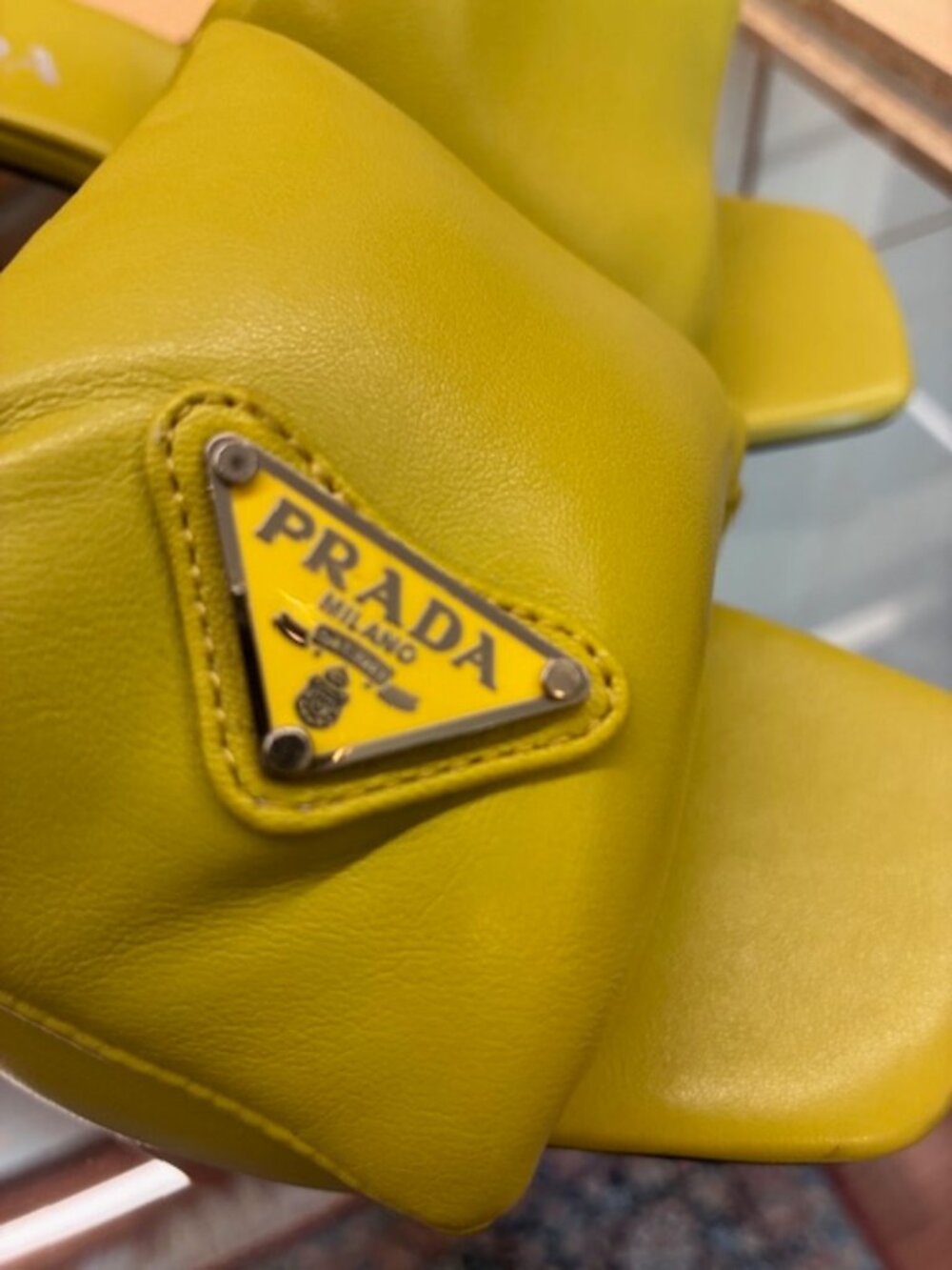 Prada Yellowish Enameled Metal Triangle Leather Size 37 Slides - Picture 7 of 7
